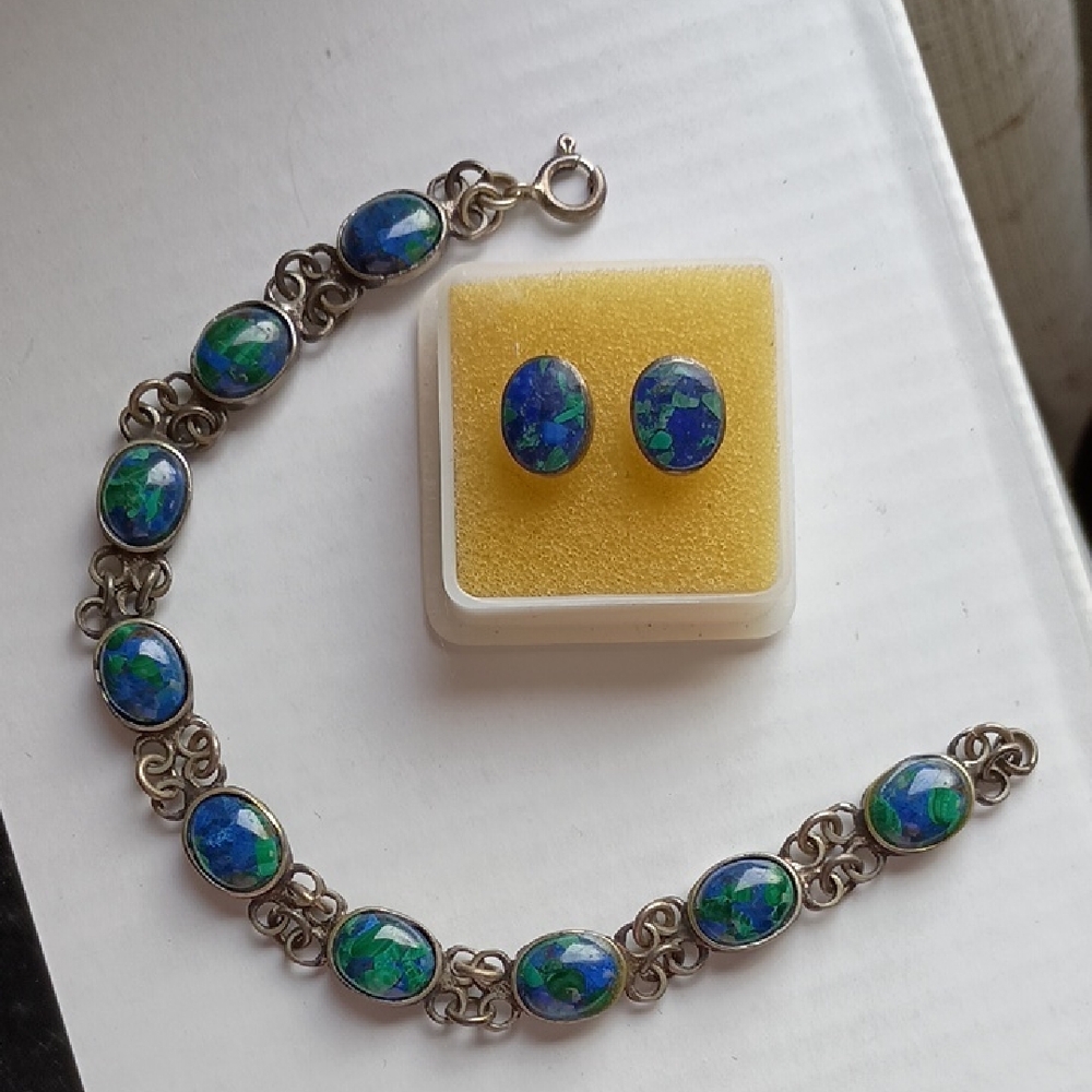 Malachite And Chrysocolla Earring And Bracelet
